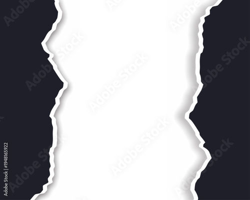 Torn paper reveal frame with dark side panels, ripped white edges, soft shadow depth, and vertical blank center, dramatic vector background for posters, announcements, and social media