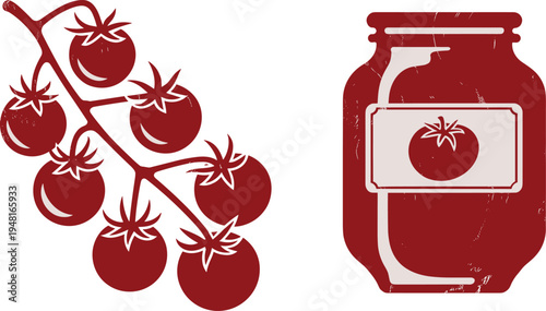 Tomato branch and tomato sauce jar vector illustration, fresh vegetable and preserved food icon set isolated design