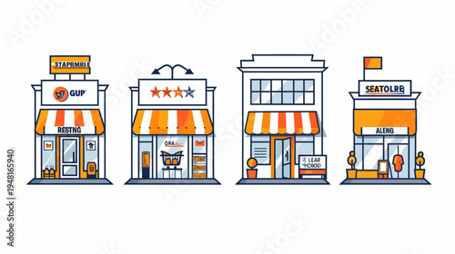 Whimsical cartoon of four storefronts with awnings, each with a unique design in orange and blue
