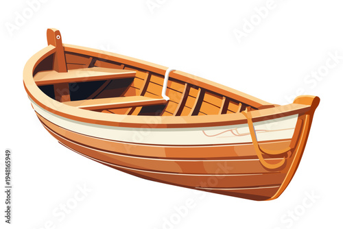 A beautifully rendered illustration of a classic wooden rowboat with white trim, perfect for nautical themes and outdoor adventures