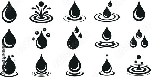 Black and white water droplet icon set featuring splash effects, bubbles, ripples, concentric circles, fluid dynamics, and environmental design elements