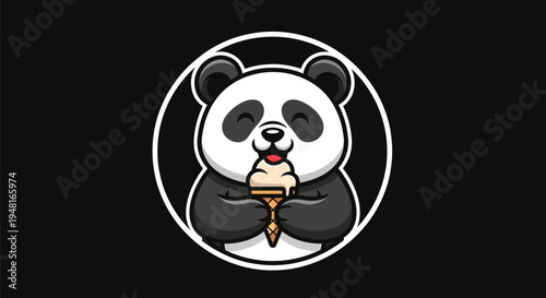 Cartoon panda enjoying ice cream cone