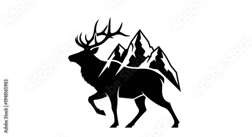 Deer silhouette with mountain peaks