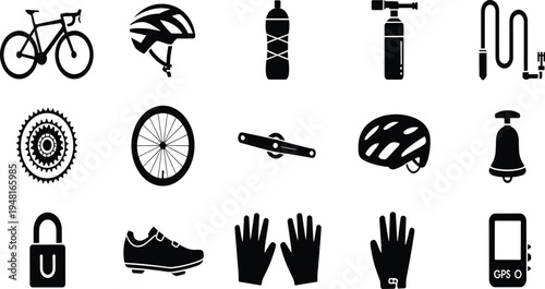 Black silhouette cycling gear icon set featuring bicycle, helmet, water bottle, pump, gloves, shoes, GPS, lock, and accessories