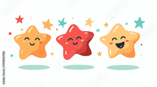 Cute cartoon-style illustration with three colorful stars with smiling faces on a white background
