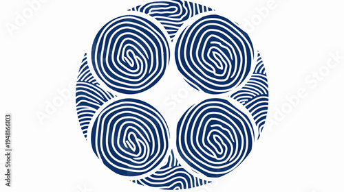 Indigo circles and semicircles arranged in circular pattern on white background