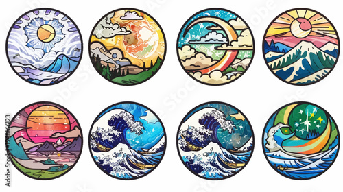 Circular nature scenes sky, mountains, waves; watercolor-like art style. Earth elements
