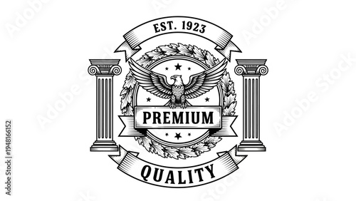 Vintage Premium Quality Emblem with Eagle, Laurel Wreath, Columns, and Ribbons