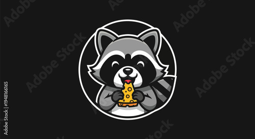 Cartoon raccoon eating cheese on black