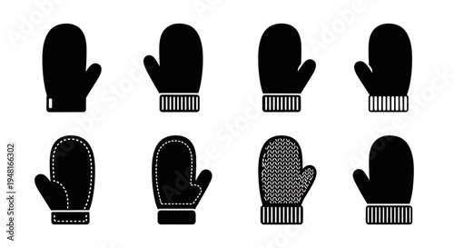 Winter Mittens Icons Set - Black Silhouette Collection