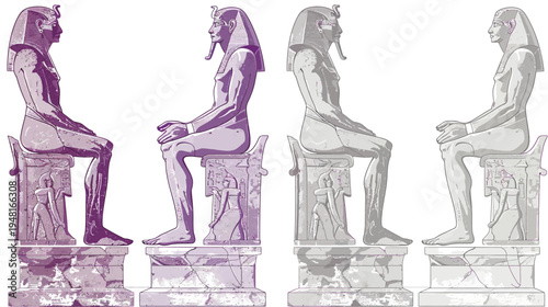 Two pairs of Egyptian statues in purple and grey sit atop pedestals with hieroglyphic details