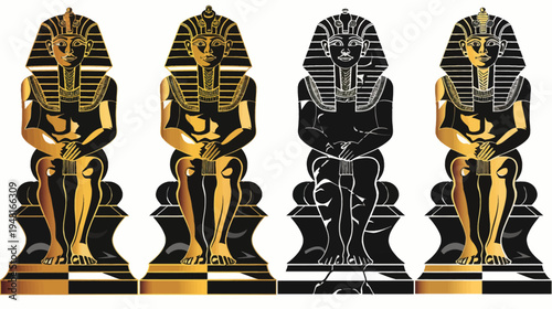 Row of Egyptian pharaoh statues in black, gold, and greyscale on a white background