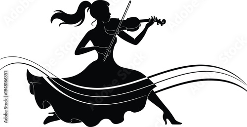 Violin player silhouette with flowing music lines, elegant female musician performing classical violin concert illustration isolated