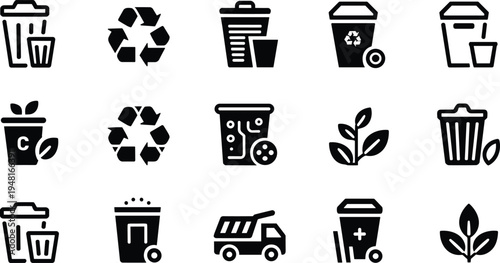 Black silhouette waste management icon set featuring recycling bins, compost, garbage truck, electronic waste, sustainability, trash disposal, and environmental awareness