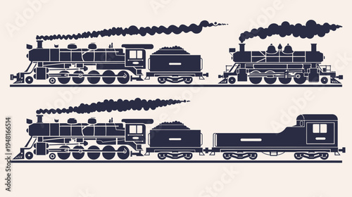 Two silhouettes of vintage steam locomotives, train cars, billowing smoke, vector design