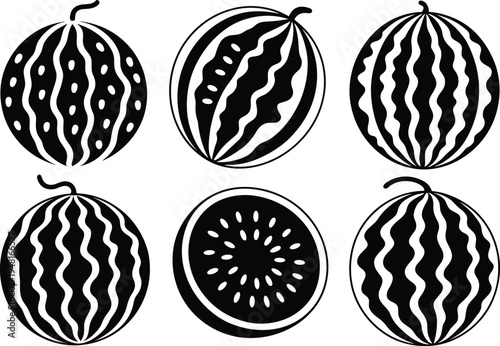 Watermelon fruit silhouette vector set, whole and sliced watermelon icons with seeds isolated summer tropical food illustration collection