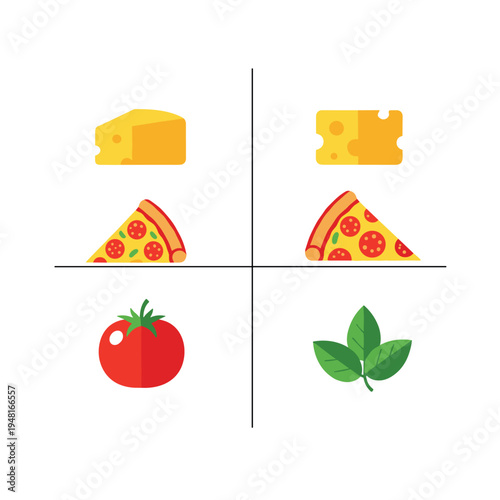 Pizza Ingredients - Cheese, Pizza Slice, Tomato, and Basil.