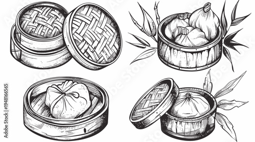 Sketch of Asian food steamed in bamboo steamer with bamboo leaves, monochrome illustration