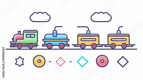 Colorful cartoon train set with clouds and shapes on white background
