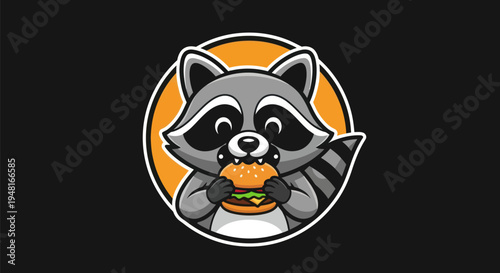 Cartoon raccoon eating hamburger illustration