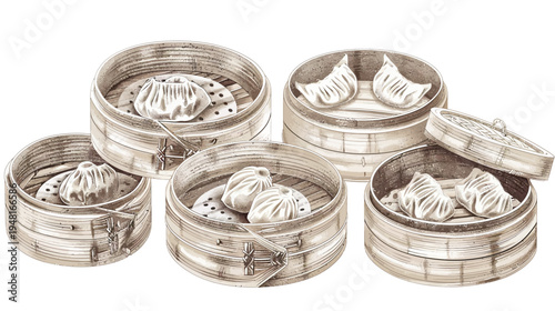 Steamed dumplings in wooden baskets, monochrome watercolor-style drawing on white