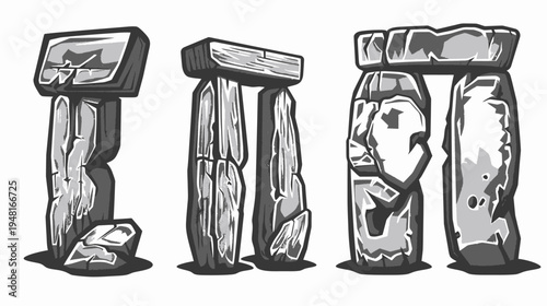 Three distinct stone formations with a cartoonish, chiseled appearance in black and white