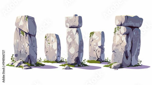 Pixel art of a stone monument formation under a bright sky, surrounded by vegetation