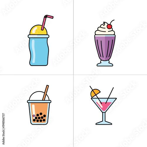 Colorful Refreshing Drinks Collection with Milkshake Bubble Tea and Cocktail.
