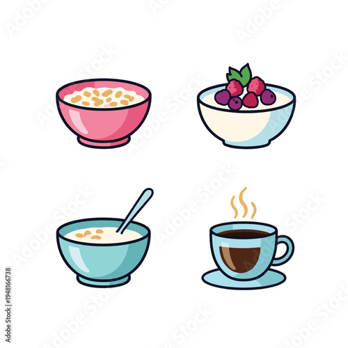 Set of colorful breakfast food and drink icons.