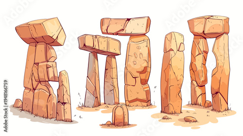 Stylized, cartoon illustration of ancient stone structures on a sandy ground, isolated