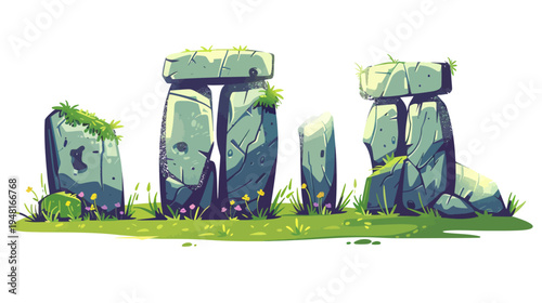 Stylized, cartoonish stone circle with grass, flowers, and moss against a white background