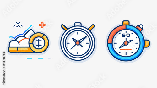 Colorful flat icons illustrate analytics, timing, and a stopwatch on white