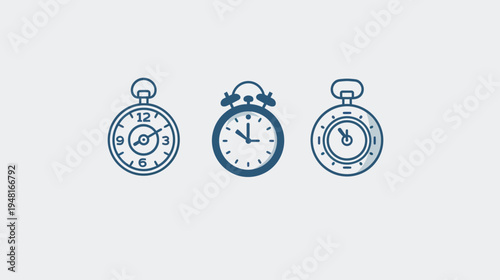 Three outlined clocks; two pocket watches and one alarm clock, all pointing different times