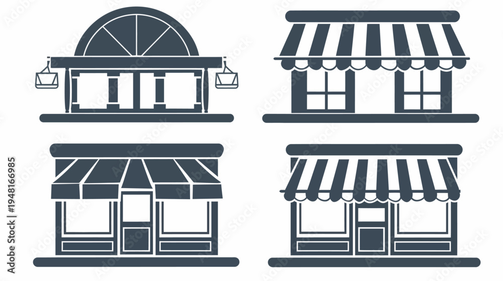 Fototapeta premium Four stylized shops with different architecture and awning details, shown in silhouette