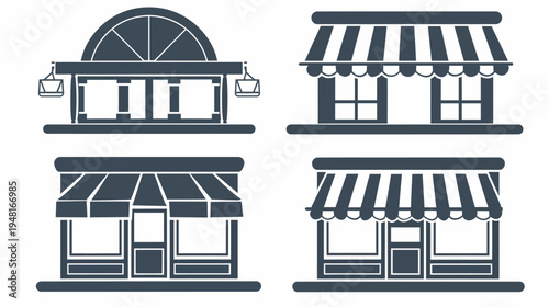 Four stylized shops with different architecture and awning details, shown in silhouette