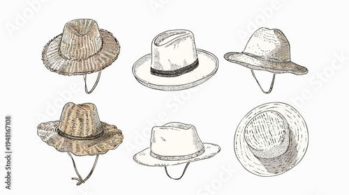 Six various hats sketched in ink and watercolor on a white background in two rows