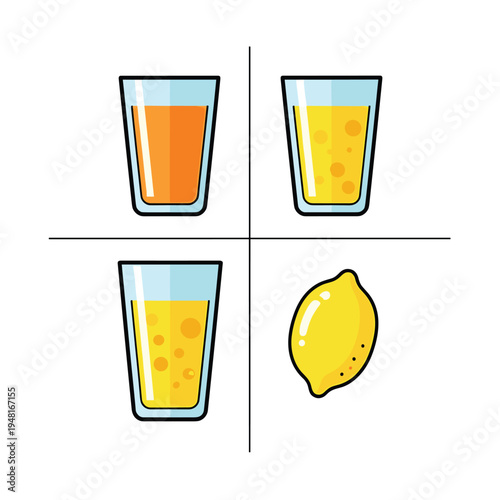 Vector illustration set of fresh citrus juice in glasses and a lemon.