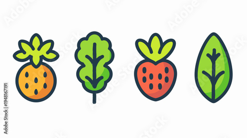 Four cartoonish icons of an orange fruit, two greens, and a red strawberry