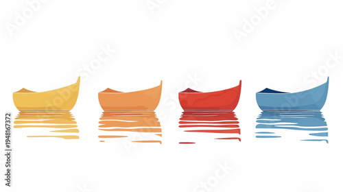 Four colorful stylized boats reflecting on calm water, against a white background
