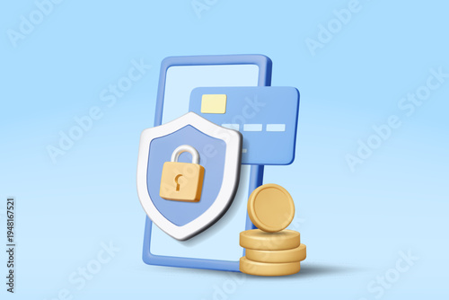 3D vector illustration of mobile phone with shield padlock credit card and gold coins on blue background. Concept for secure online payment mobile banking safety financial protection banner.