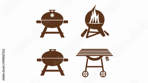 Brown grill icons on white background charcoal, smoker, grill, and rotisserie