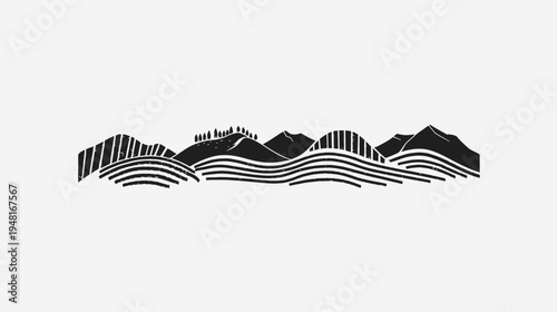 Stylized black-and-white landscape featuring hills, fields and trees