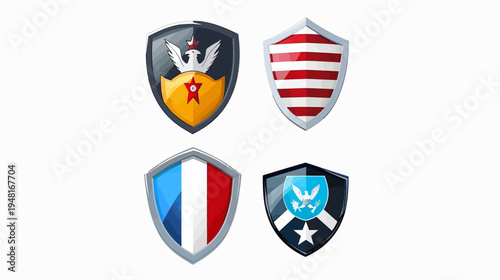 Four stylized shields displaying various nationalistic and symbolic designs on white