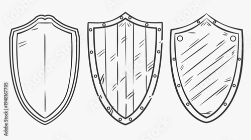 Three simple, lined illustrations of shields with varied panel designs