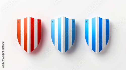 Three striped shield emblems hang on white wall, red, light blue, dark blue