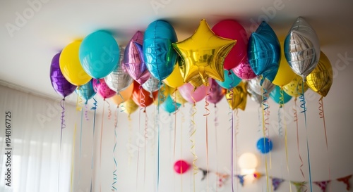 Colorful balloons hanging from ceiling decoration.
