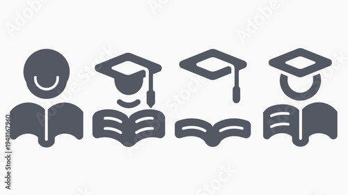 Series of stylized gray icons of readers, books, and graduation caps in linear fashion