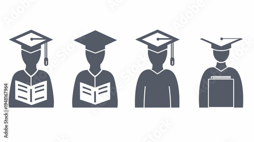 Gray-toned illustrations of graduate students with books wearing graduation caps
