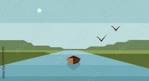 Brown boat floats on serene river with green banks birds flying and a moonlit sky