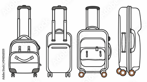 Four rolling suitcases with telescopic handles. Line art style. Black outline